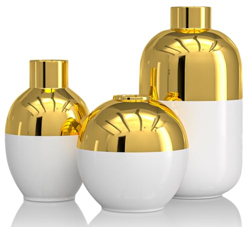 Weiße und goldene Keramik-Blumenvase im 3er-Set, glänzendes Gold, modern, rund, dekorative Vasen für Pampasgras, Heimdekoration, Schlafzimmer, Büro, Wohnzimmer, Bücherregal, Hochzeit