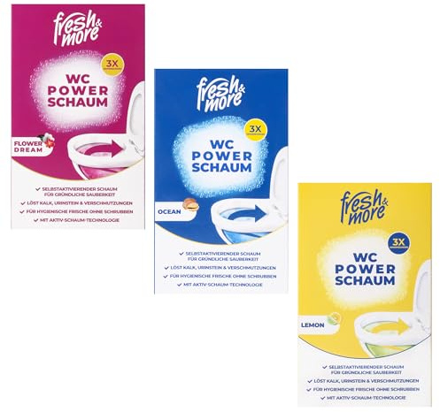 Fresh & More WC Power Schaumreiniger Pulver 9 x 100 g, Mix mit 3 Duftnoten | WC-Reinigungspulver, selbstschäumend, maritim, zitrusfrisch und blumig