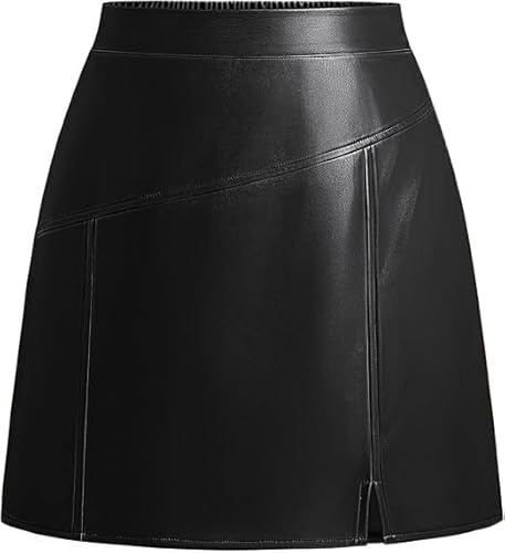 Kate Kasin Women's Faux Leather Skirt A-Line Mini Skirt High Waist Front Slit Short Pencil Skirt Autumn Winter Casual Party Office Black XL