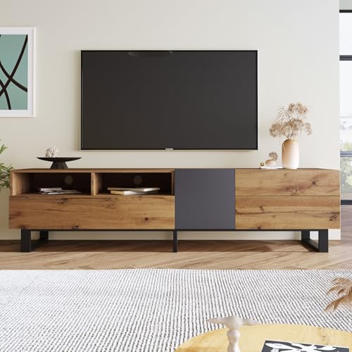 Mydtt Zweifarbiger TV Schrank, Fernsehschrank mit Grifflosem Design, Lowboard mit Schubladen und Tür, Wohnzimmer Möbel TV Board 180cm Lang
