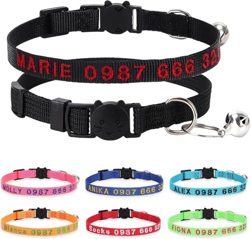 Personalisierter Katzenhalsband mit besticktem Namen, Schwarz | Individuell bestickter Name & Telefonnummer; Ablös‑Sicherheitsschnalle, verstellbares Nylon‑Halsband für Katzen & Kätzchen