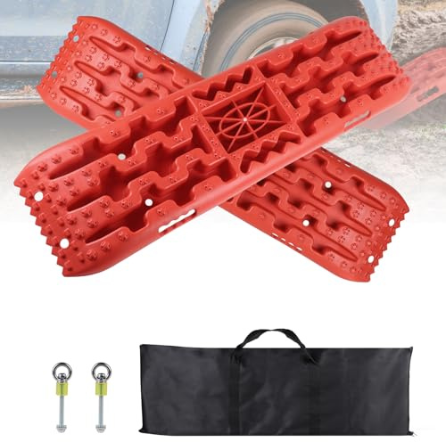 EXLECO 2x Sandbleche Anfahrhilfe Wohnmobil Rot | Rangierhilfe PKW bis 10T, Traktionsmatte für LKW & Geländewagen, für Schnee, mit Tasche