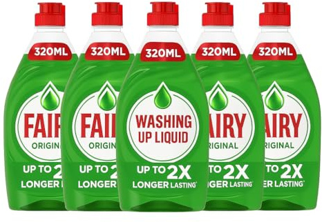 5 x Fairy Original Washing Up Liquid 320ml Bottles – Concentrated Powerful Grease-Cutting Dishwashing Liquid with Long-Lasting Fresh Scent – Gentle on Hands Kitchen Cleaning Essential + Epished Guides