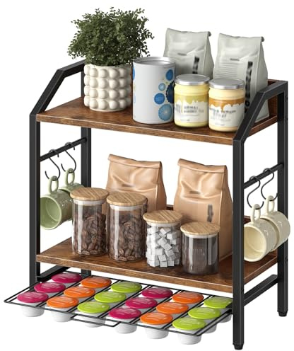 HOOBRO Coffee Station Organizer, Coffee Pod Storage Drawer Compatible with Dolce Gusto, 2 Tier Kitchen Storage Rack with 4 Removable Hooks for Kitchen, Office, Rustic Brown and Black EBF11CR01