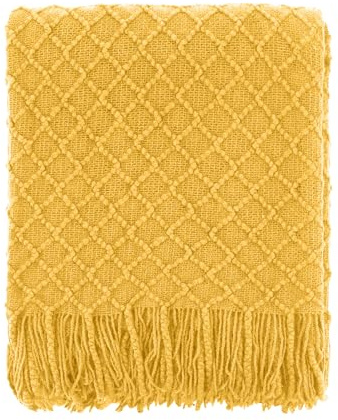 CREVENT Landhaus-Stil Boho Strickdecke für Couch Sofa Sessel Bett Wohnzimmer Dekoration, Weich Warm Gemütlich Leichtgewicht für Frühling Sommer Herbst - 152x203 cm Senfgelb