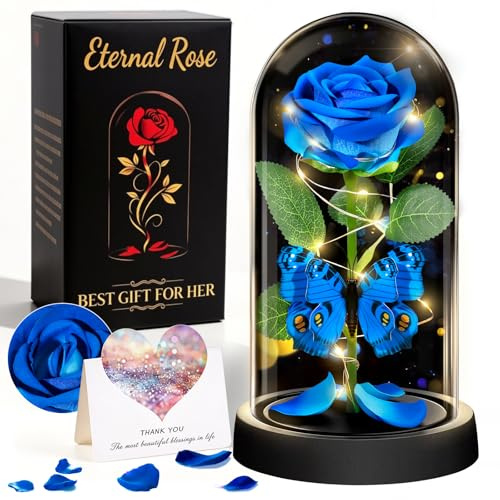 HAOCEE Rose Cadeau Femme,Rose Éternelle avec Papillons＆LED(Bleu) | Rose Galaxie Verre Cadeau pour Noel, La Fête des Mères, Saint Valentin, Anniversaire Hochzeitstag Elle,Maman,Femme,Grandmère