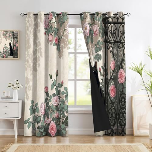 CEDNXOER Tende Oscuranti Floreale Retrò, Con Occhielli Tenda Isolante Stampata Cartone Animato Gatto Nero,140L x 240A cm, (2 Pannelli) Per Soggiorno Camera Da Letto Beige Per Interna