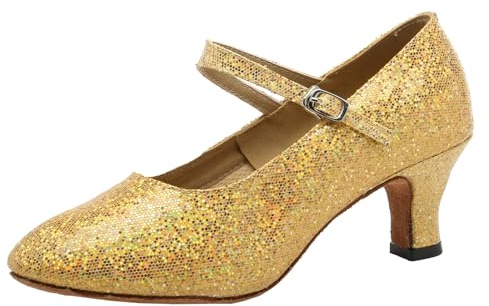 Sekiueo Damskor med glitter latinska ballroom-karaktärsskor med stängd tå fotledsrem hög klack för övningsframträdanden,Gold,35 EU
