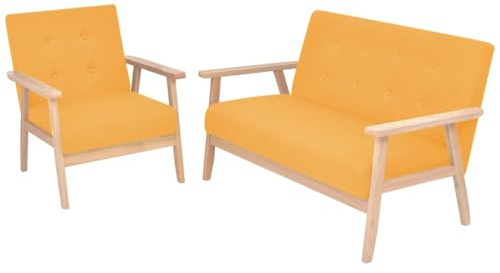 WDGJJFECNMUEHI Sofa-Set 2-TLG. Stoff Gelb, Wohnzimmergarnitur mit Sessel und 2-Sitzer Sofa, Bequeme Polstergarnitur im skandinavischen Design für Wohnzimmer und Gästezimmer