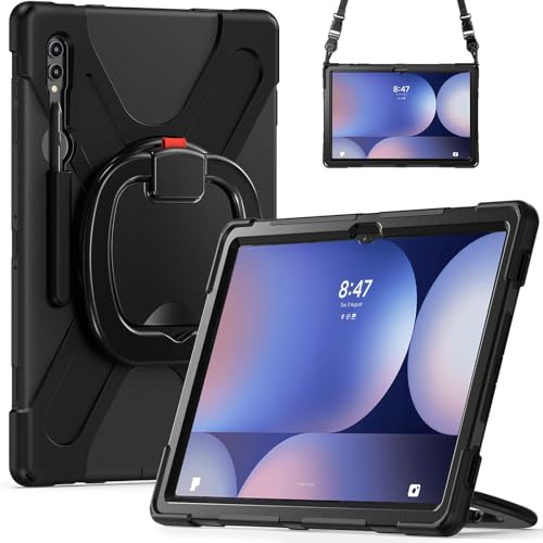 LUMICASEbkjw Custodia resistente agli urti, compatibile con Samsung Galaxy Tab S9 Ultra 14,6 pollici, SM-X910 2023, con supporto girevole a 360 gradi, mano/tracolla, robusta custodia per tablet (nero)