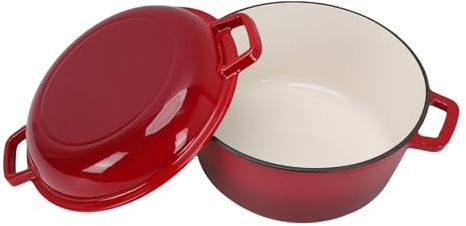 Decumeby Pentola in Ghisa con Coperchio, Pentola da 5QT, Design a Doppi Manici, in Ghisa Rotonda 2 in 1 per Brasare Stufare Friggere Cuocere a Fuoco Lento