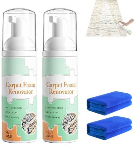 Quitamanchas de espuma para alfombras sin agua con toalla (2pcs) | Espuma sin enjuague, cuidado rápido de las manchas, para alfombras, tapetes, tapizados y asientos de automóvil