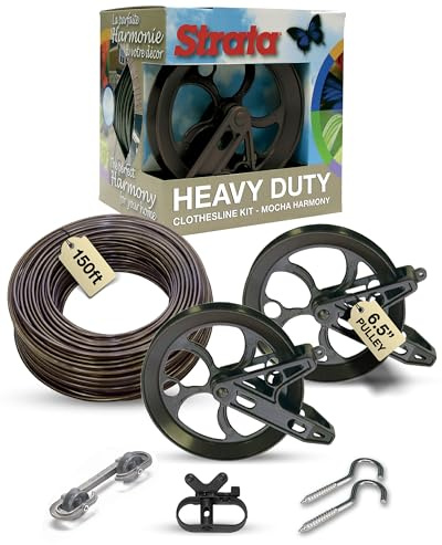Strata Aged Bronze Harmony Clothesline Outdoor Heavy Duty Kit - 150 Feet Galvanized Wire PVC Coating, 6.5 Aged Bronze Clothes line Pulley 2pcs, Metal Mini Winch Tightener 1pc & 2 Metal Hooks