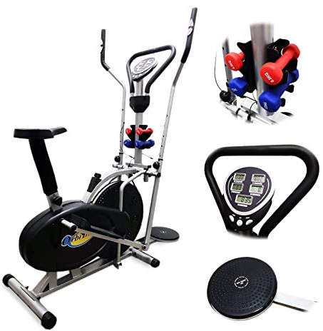 FFitness Vélo elliptique Volant 5 kg, vélo elliptique Home Trainer 2 en 1, vélo de chambre, moniteur LCD, poids et disque de torsion inclus