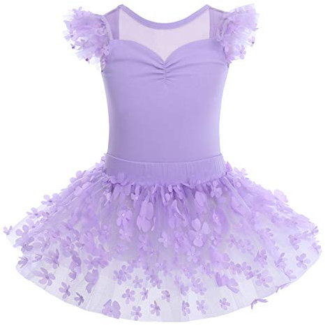 IMEKIS Vestito da balletto da bambina in cotone, per ginnastica, tutù, gonna, maniche con papillon, schiena scoperta, per danza e ballerina, Lilla, 7-8 Anni