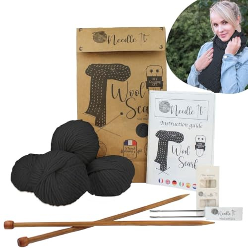 Needle It® - Komplettes Strickset für Anfänger mit Stricknadeln - Strickschal aus Wolle - Geschenkidee (Schwarz)