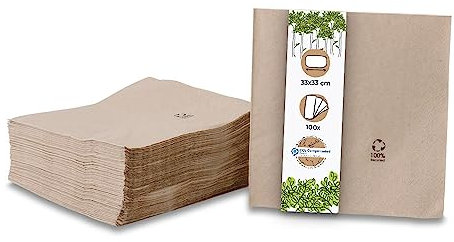 GREENBOX Umweltfreundliche Bio Servietten aus Recyclingpapier I Hochwertige Papierservietten 33 x 33 cm I 100 Stück Cocktailservietten ungebleicht, biologisch abbaubar, kompostierbar, braun