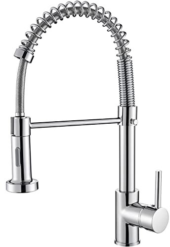 Cobbe Kitchen Sink Mixer Tap, Spring Faucet with Pull Down Sprayer, 2 Spray Modes High Arc Single Handle Lever Kitchen Tap (Chrome)