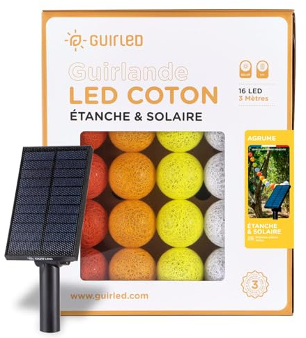 GuirLED - Außengirlande mit Lichtkugeln LED-Guinguette - Wasserdicht IP65 - Hocheffizientes Solarpanel - Automatisches EIN/AUS - 16 Kugeln 3 m- Zitrusfrüchte