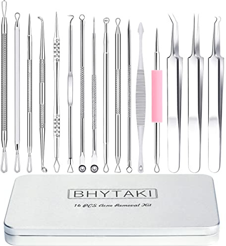 Blackhead Remover Tools, 16 PCS Pimple Popper Tool Kit, Acne Blackhead Tools for Blemish, 410 Premium Professional Stainless Acne Pimple Extractor Tool with Metal Box