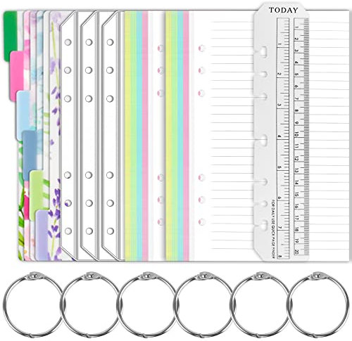 Ruicaifu 66pcs Recambio A5 6 Anillas,50 Hojas Papel Rayado de Colores 6 Separadores de Colores 3 Bolsa de Cremallera Transparente para Archivos 6 Círculos Abiertos Regla Transparente A5