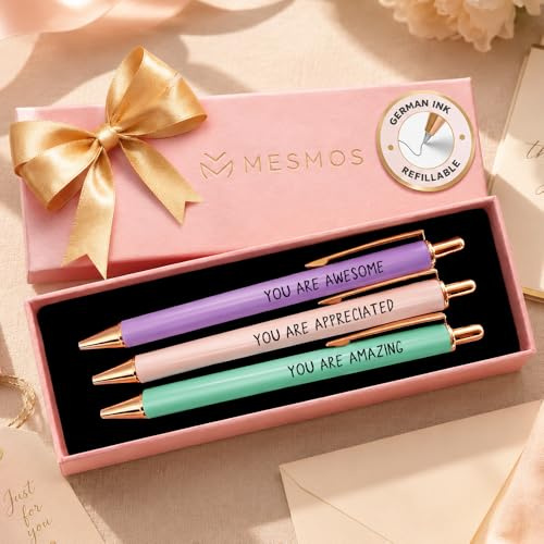 MESMOS 3Pk Fancy Pens for Women, Refillable Ballpoint Pen Set with Pastel Gift Box, Thank You Gift for Women, Teacher, Nurse, Coworker, Boss Lady, Mom, Employee Appreciation, Cute Pens for Journaling