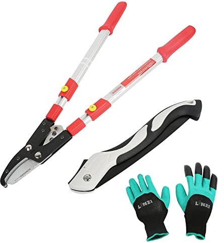 LINZI Troncarami a Incudine Telescopico con Cricchetto Carichi Pesanti Manico in Alluminio 660-970 mm + Seghetto da Potatura Pieghevole 250 mm + Guanti da Giardino