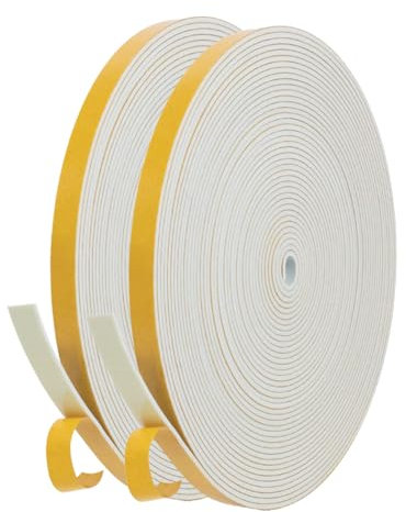 Nastro di Tenuta Adesivo Guarnizione Porta per Porte Finestre, 2 Rotoli 6 mm x 1.5 mm x 20M Nastro in Schiuma Guarnizione in Gomma per Collisione Sigillo Isolamento Acustico, Bianco