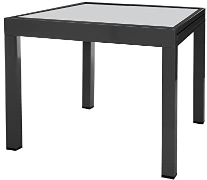 LOLAhome Mesa de Comedor Extensible para jardín Thais, Negra de 90x90 cm Extensible 180 cm, de Aluminio y Cristal Serigrafiado, Tratamiento Anticorrosión, Elegante y Duradera, para 6-8 Personas