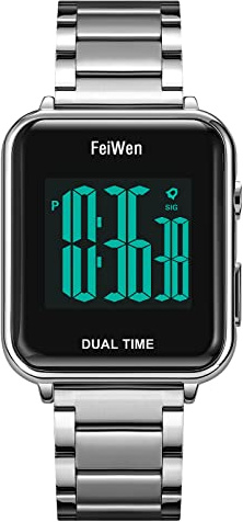 FeiWen Herrmode digital klocka LED bakgrundsbelysning elektronisk multifunktionell larm stoppur nedräkning fyrkantiga klockor i rostfritt stål, Silvrig, armband