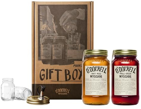 O'Donnell Moonshine Likör Geschenkset Made in Berlin – 2x Premium Cherry Kirsch-Likör & Haselnusslikör (700ml) + 2x Mason Jar Whiskey Gläser + Ausgießer (Geschenk für Männer) in Geschenkbox