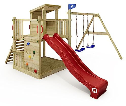 WICKEY Spielturm Klettergerüst Smart Cabin mit Schaukel & Rutsche, Stelzenhaus mit Sandkasten, Outdoor Kletterturm für Kinder, Kletterwand & Spiel-Zubehör – rot