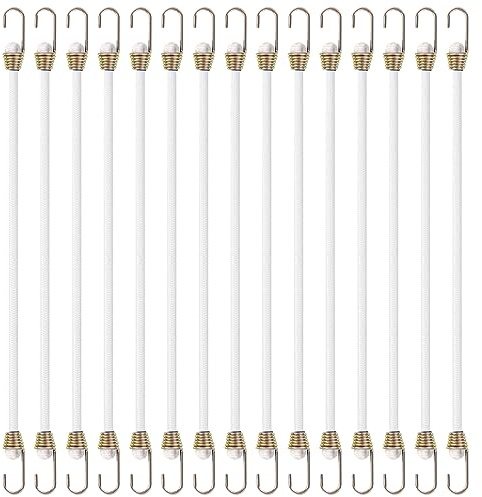 15 Pack Heavy Duty Bungee Cords with Hooks 10 Inch Mini Bungee Cords Outdoor White Elastic Rope Rubber Strap for Camping Luggage Roof Racks Car Tents Tarps Bikes Rvs
