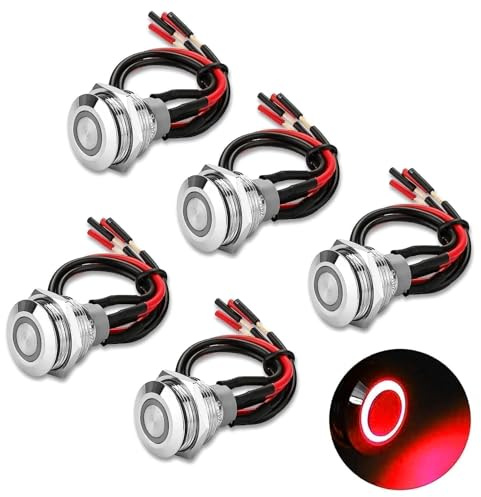 Linkstyle 5 Stück 19mm 3/4 Schalter 12V, SPDT 4 Pin Wasserdicht Metall Selbstsichernder Druckschalter mit LED Licht und Kabel, EIN/AUS Runde Marine Schalter für Auto KFZ RV LKW Wohnmobil Boot (Rot)