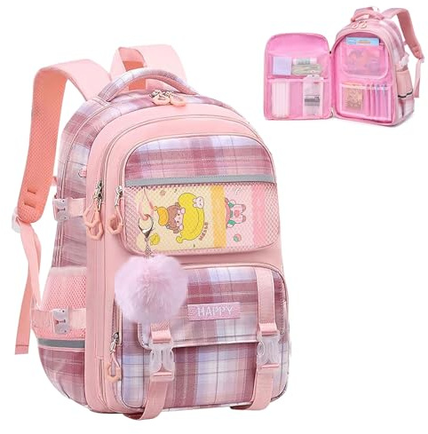 WYCY School Bags for Girls, Kawaii Water Resistant Kids Backpack with Laptop Compartment, Bookbag for Primary School, Pink