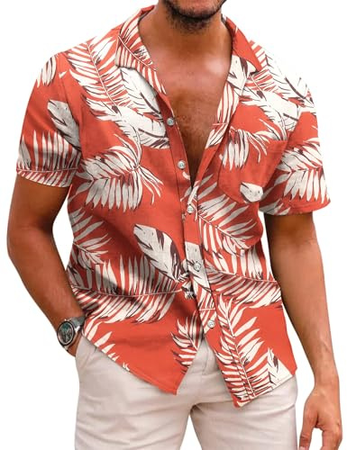 COOFANDY Camicia Hawaiana Uomo Manica Corta Estiva Camicia a Fiori Spiaggia Vacanza con Tasca Camicie Stampa Collo Button-Down A-Rosso XXL
