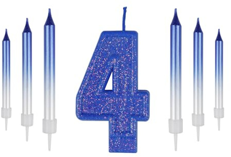 ZHIHUI 7pcs Number Birthday Candles, Blue Number 4 Cake Topper, 4th Birthday Candles, Blue Metallic Shiny Number Happy Birthday Cake Candles for Birthday Party Wedding Anniversary Celebration Supplies
