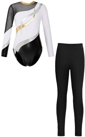Oyolan Kinder Turnanzug Mädchen Gymnastikanzug Glitzer Leotard Langarm Trikot Body mit Hose Trainingsanzug Wettkampf Tanzkleidung