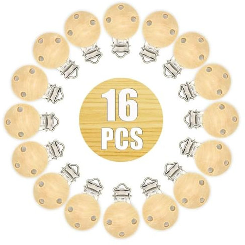 ARTESTAR Schnullerclip Holz Schnullerketten Zubehör Schnullerketten Clips, 16 Stücke Clip Attache Tetine Kit Schnullerkette Aus Holz für Baby und Kinder (Perforiert Holzfarbe)