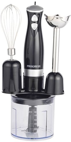 Progress EK2827PV2 3 in 1 Electric Blender Set – Immersion Stick Blender with 2 Speed Settings, Mini Food Chopper with 500 ml Chopping Bowl, Stainless Steel Blades, Soup/Smoothie Maker, 350W, Black