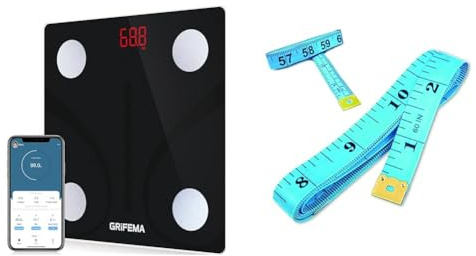 GRIFEMA GA2001, Balance Pese Personne, Pèse Personne Impédancemètre avec Bluetooth & PARENCE.- Mètre à Ruban de Tailleur/Ruban de Mesure pour Couturier Inscription Double Face - 150cm, 60 pouces