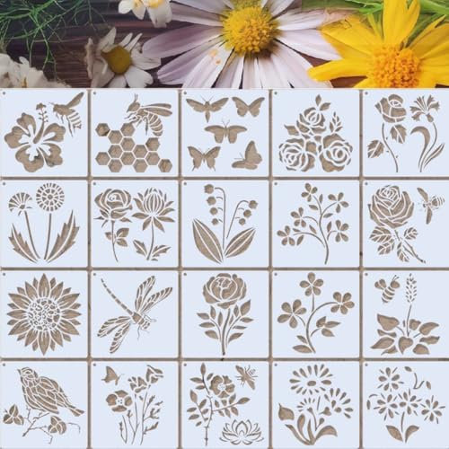 Schablone für Malerei, Blumen, 20 Stück, wiederverwendbar, Schablonen für Wildblumen, kleine Zeichenschablone für Möbel