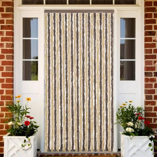 Sufrk Fly Curtain Dark Brown and Beige 100x220 cm Chenille-Curtains Door Fly Screen Curtain For Doorways Window Decorations Room Divider