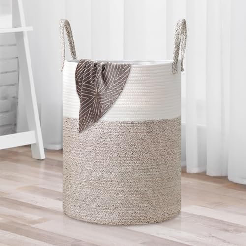 Dokeno Aufbewahrungskorb, Wäschekorb Geflochten 60L mit Griffen, Korb für Spielzeug, Spielzeug Aufbewahrung Wäschesammler Groß für Badezimmer Wohnzimmer Kinderzimmer (Braun&Weiß, 38x50cm)