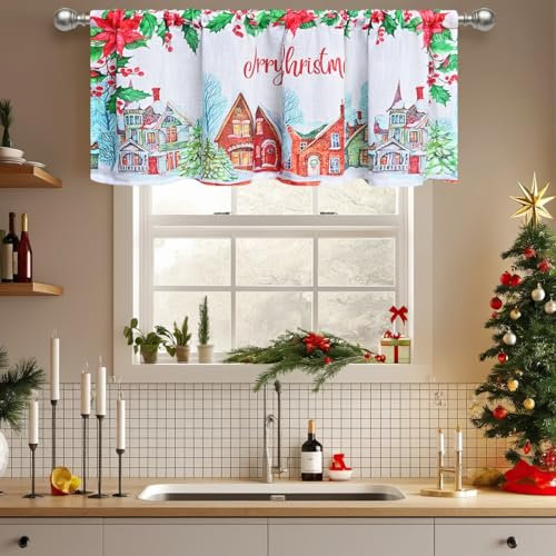 WeeQil Küchen Scheibengardinen Weihnachten Küche Kurz Fenster 1 Stück für Kleine Fenster, Höhe 60 45 cm, Weihnachtsgardine Kurz Halbtransparent Modern Landhausstil Bedruckt mit Motiv Bistrogardine