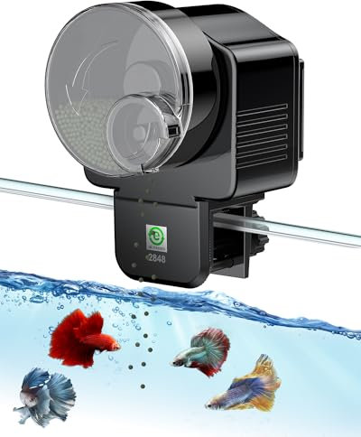 Pawfly Futterautomat für Aquarium, 60ml Automatischer Fischfutterspender mit Timer, Einstellbar Fischfutterautomat für Pellets & Streifen, Batteriebetrieben (Batterie Nicht enthalten)