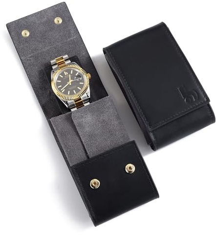 BUREI Leder Uhrenetui Tragbare Uhren Reisetasche Einzeluhr Reisetasche Uhrentasche Unterwegs Aufbewahrungstasche für Damen und Herren(Schwarz Grau)