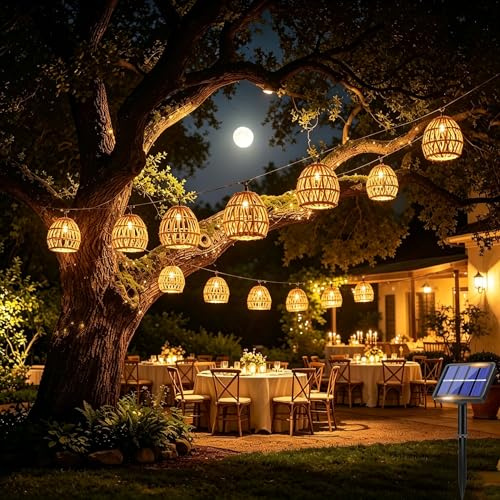Shengruili Guirnaldas Luces Exterior Solar 10 LED,Cadena de luces solares para exteriores,Cadena de luces LED solares de ratán,Cordel De Luz para Decorar Jardines,Patios,Terrazas,Fiestas