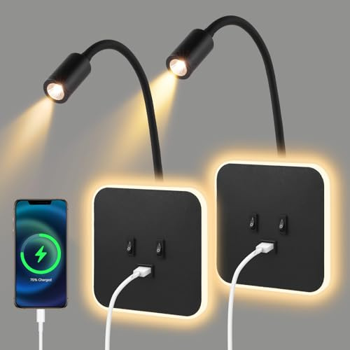 2pcs Applique Murale LED, Lampe de Lecture de Chevet à Col de Cygne, Applique Murale de Chevet Réglable, avec Port de Chargement USB, Applique Murale de Couloir (Lumière Chaude 3w + 9w)(Noir)