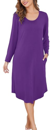 Wikoan Chemise de Nuit Femme à Manches Longues Chemises de Nuit Longue pour Femmes avec Poches Vêtements de Nuit Confortable Robe de Nuit S-XXL
